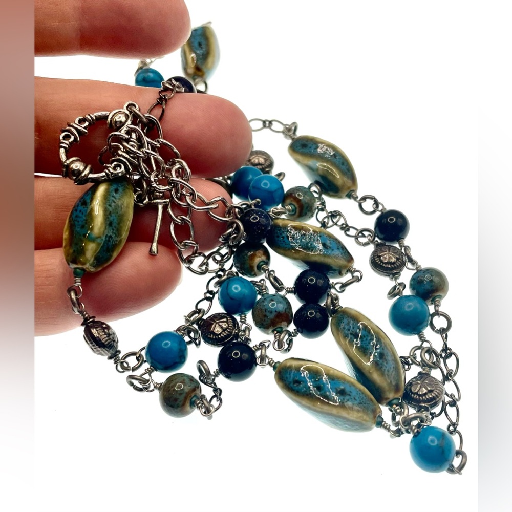 3 for $30 Artisan Silver Tone Double Strand Chain Linked Enameled Bead Necklace